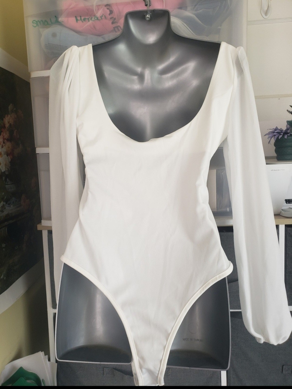 NWOT. White Long-Sleeve Square Neck Bodysuit W/Sheer Sleeves - Picture 2 of 3